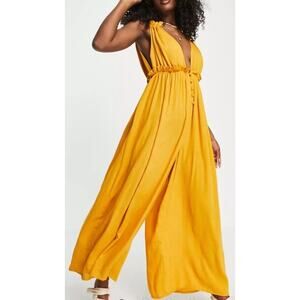 Asos Orange/Mustard Yellow Crinkle Rayon Double Strap Plunge Smock Jumpsuit 6